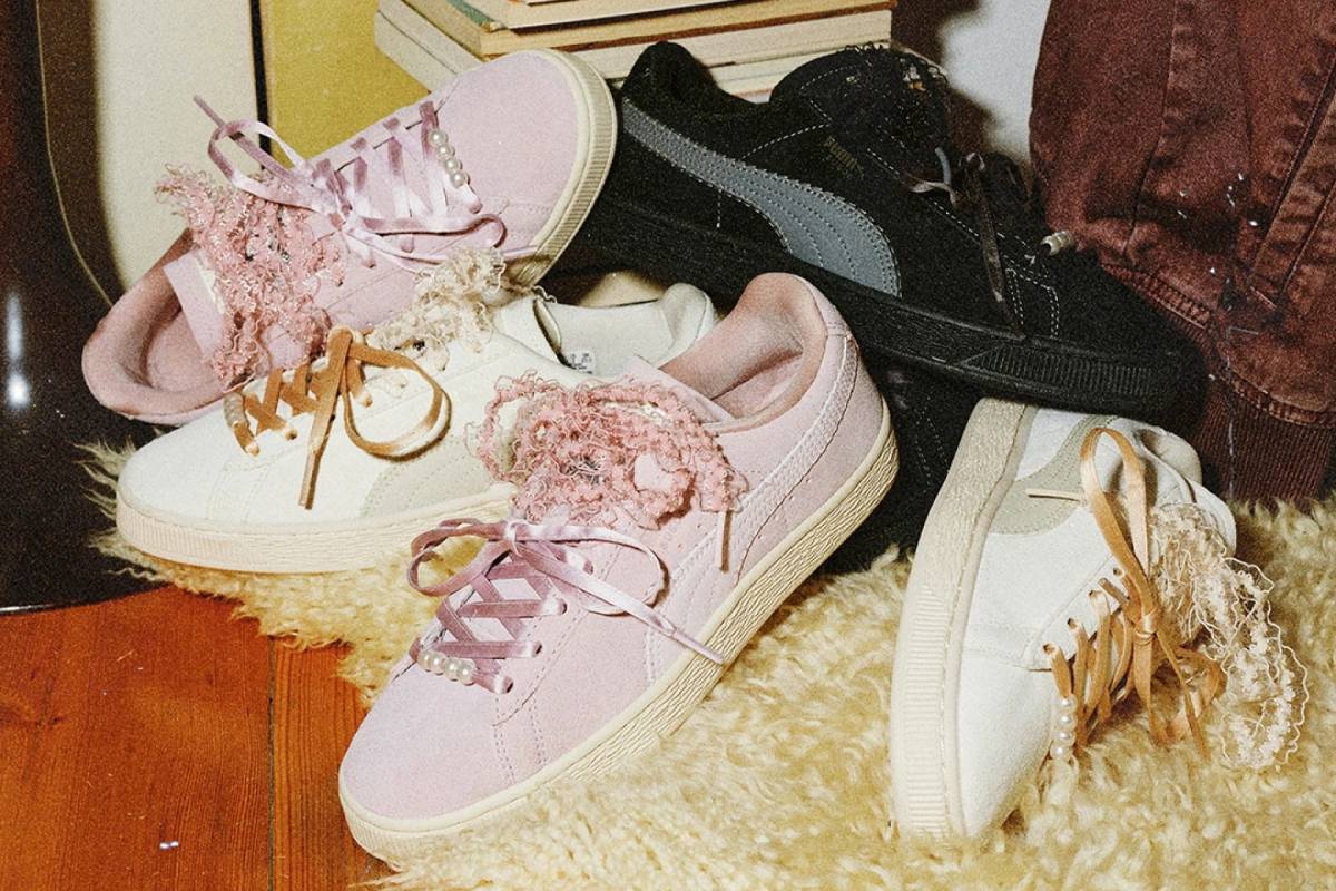 Дизайнерски модели кецове Puma Suede с детайли от мъниста върху връзките, сатенирани панделки и декориран език от дантела   