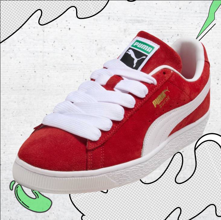 Класически кецове Puma Suede от червен велур с дебели бели връзки, бяла подметка и златисто лого Puma Suede