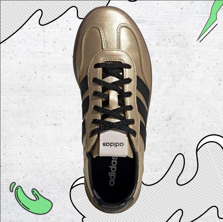 Кецове adidas Barreda Decode в златист металик цвят с черни три ленти отстрани, черни връзки и светъл език с лого