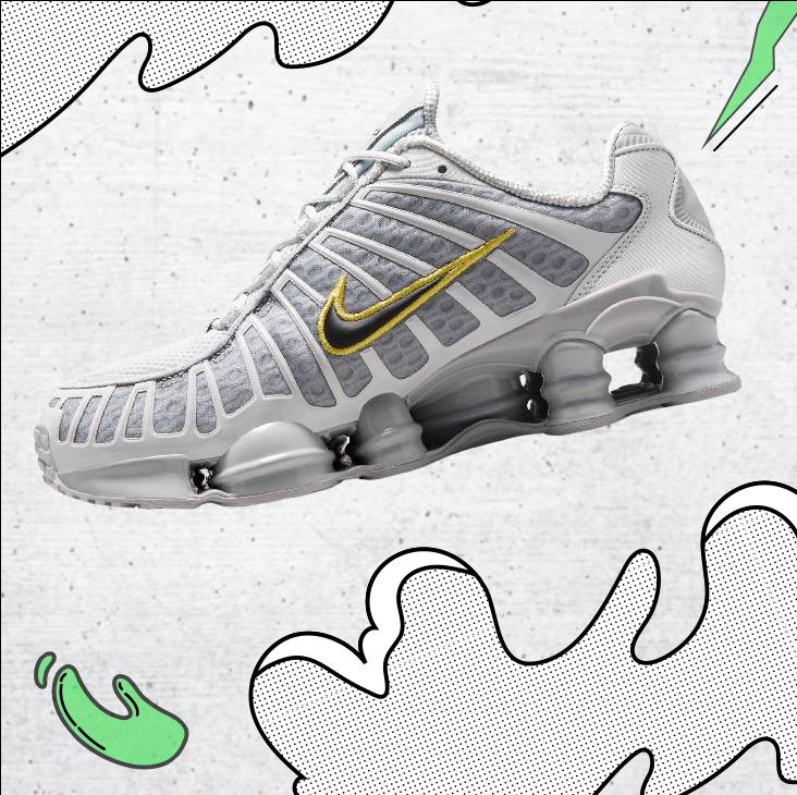 Сиви спортни обувки Nike Shox TL с характерна пълноразмерна Shox амортизираща подметка и жълт акцент около емблемата