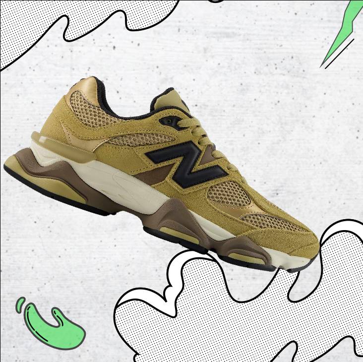 Спортни обувки New Balance 9060 от велур и мрежа в маслинено-жълт цвят с масивна релефна подметка в бежово и кафяво